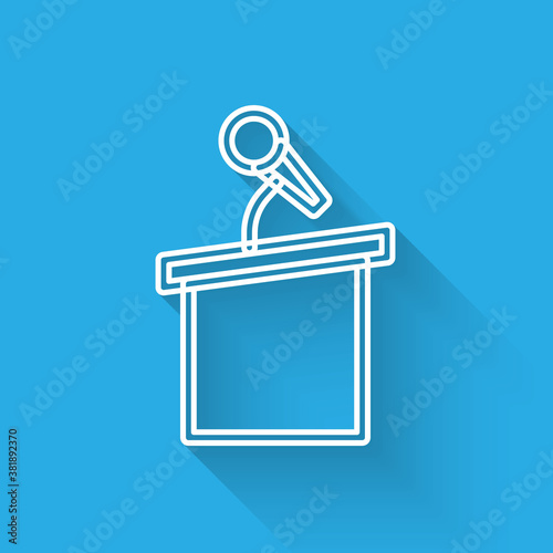 White line Stage stand or debate podium rostrum icon isolated with long shadow. Conference speech tribune. Vector.