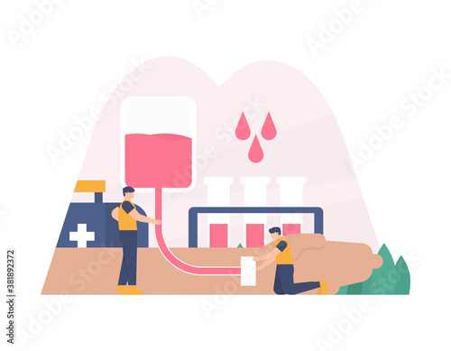 illustration of a team of volunteers or a medical team transfusing blood into a hand. concept of aid or blood donation, blood transfer. flat style. can be used for design elements, landing pages, UI