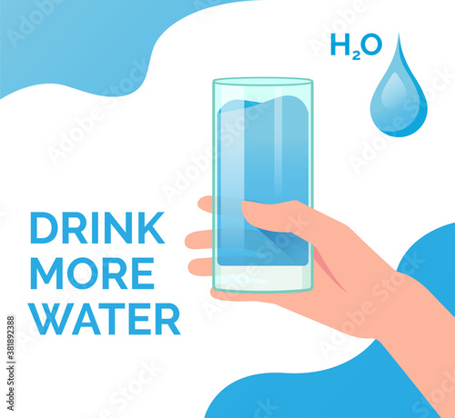 drink more water. hand holding mineral water in a glass concept illustration flat design vector