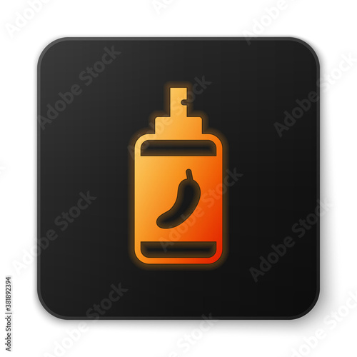 Orange glowing neon Pepper spray icon isolated on white background. OC gas. Capsicum self defense aerosol. Black square button. Vector.