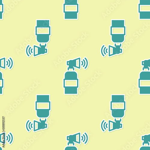 Green Air horn icon isolated seamless pattern on yellow background. Sport fans or citizens against government and corruption. Vector.
