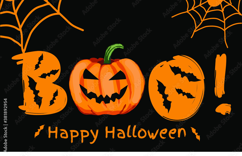 Happy Halloween. Spider, web, bat, witch hat vector illustration. Orange, black background. Happy Halloween. Spider, web, bat, witch hat vector illustration. Orange, black background.