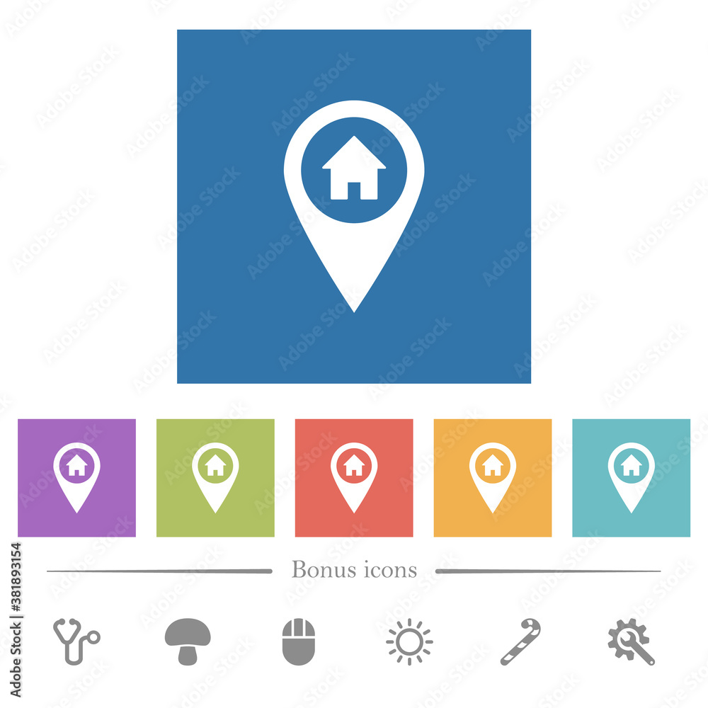 Home address GPS map location flat white icons in square backgrounds Home address GPS map location flat white icons in square backgrounds