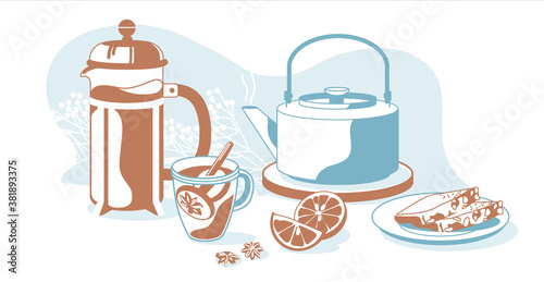Composition of breakfast objects: tea, french press, teapot, lemon, bread, decorative plants isolated white background vector illustration