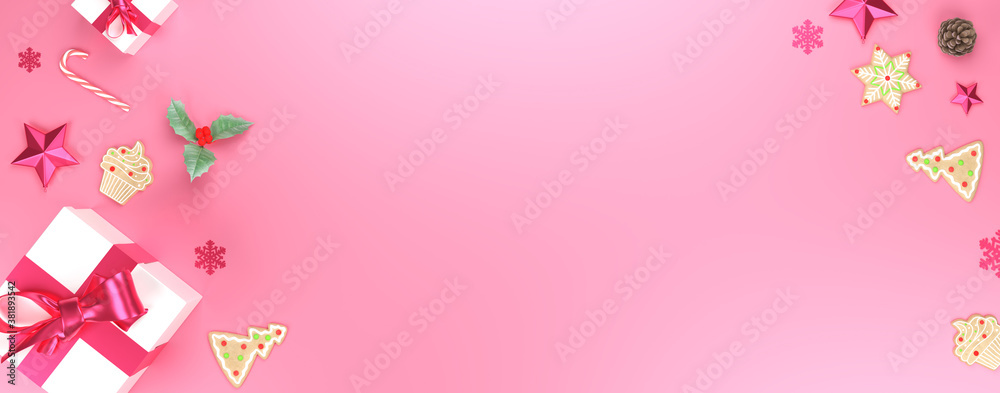 Christmas pink background. Merry christmas holiday copy space banner with gift, stars, pine cone, ribbon, cookies. 3D rendering.