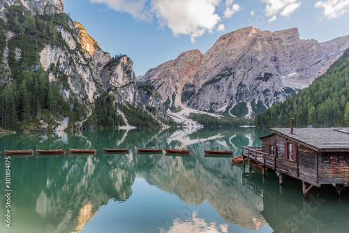 Lake Braies (Lago di Braies or Pragser Wildsee) in Dolomites, South Tyrol, Italy