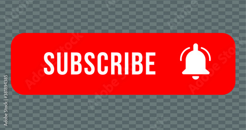 SUBSCRIBE - button red color with handon transparent background. YouTube channel. Vector illustration.