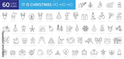 Christmas line web 60 icons set on white background