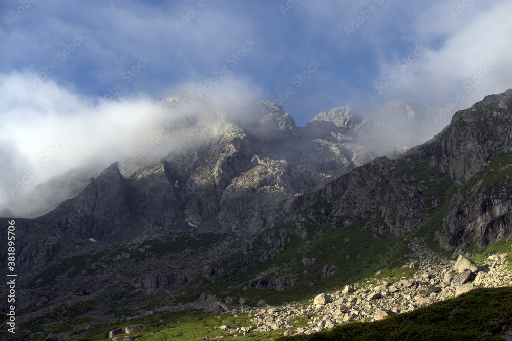 Alpine valley overlooking the mountain pass. Hanging valley of the Koshtansu river. Caucasus.