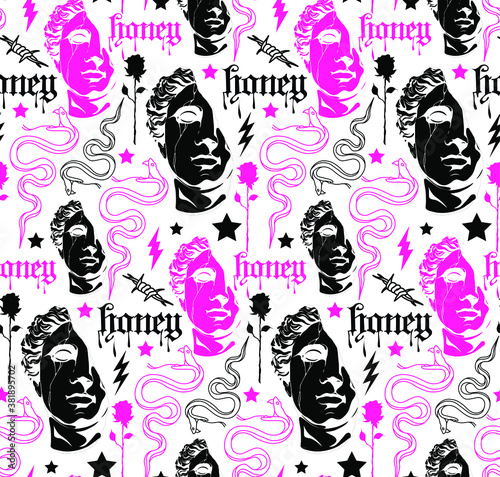 Sculpture seamless pattern with pink and black colors