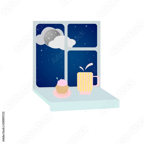 Vector image of a windowsill with a cup and a cake at night