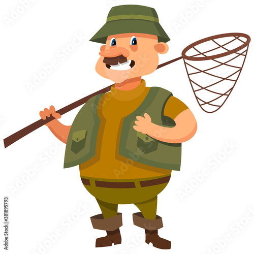 Fisherman with landing net. Male character in cartoon style.