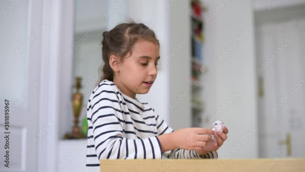 Little Girl Child Home On Sofa Playing With Pet Hamster. Concept of Friendship of children and Animals. Little Girl Child Home On Sofa Playing With Pet Hamster. Concept of Friendship of children and Animals.