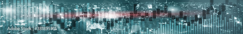 Candlestick chart with downtown Hong Kong cityscape skyscrapers. Panoramic Website Banner.