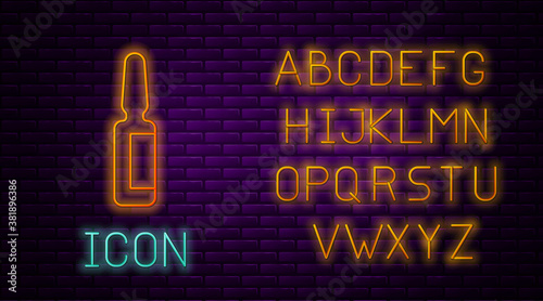 Glowing neon line Toothache painkiller tablet icon isolated on brick wall background. Tooth care medicine. Capsule pill and drug. Pharmacy design. Neon light alphabet. Vector.