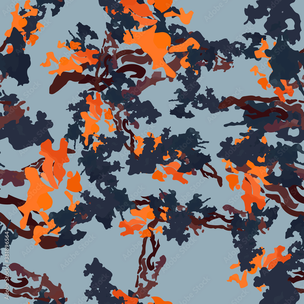 Urban camouflage of various shades of blue, orange and red colors