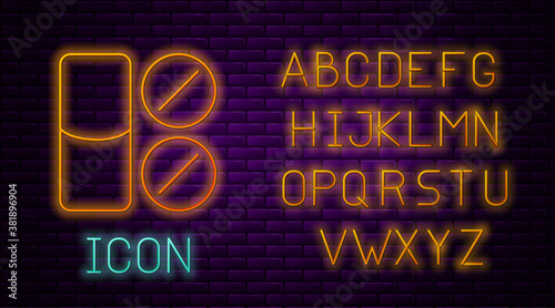 Glowing neon line Toothache painkiller tablet icon isolated on brick wall background. Tooth care medicine. Capsule pill and drug. Pharmacy design. Neon light alphabet. Vector.