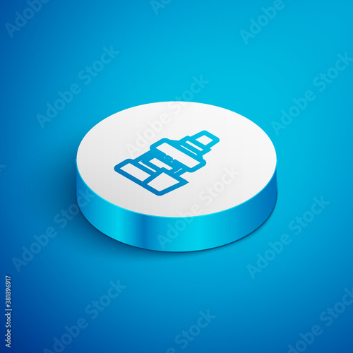 Isometric line Mouthwash plastic bottle and glass icon isolated on blue background. Liquid for rinsing mouth. Oralcare equipment. White circle button. Vector.