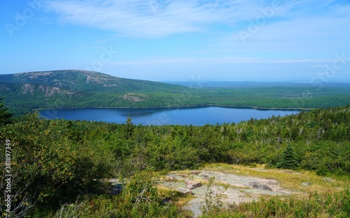 Landscape view of islands in the Mount Desert Narrows seen from Cadillac Mountain in Acadia National Park, Mount Desert Island, Maine, United States