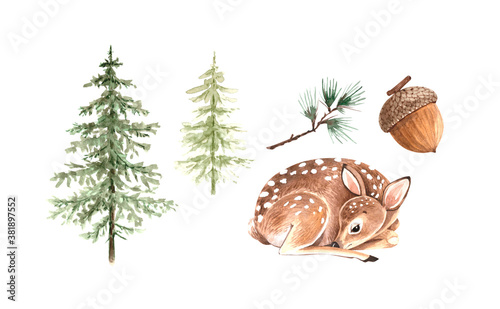 set of watercolor illustrations of nature forest and animal cub deer