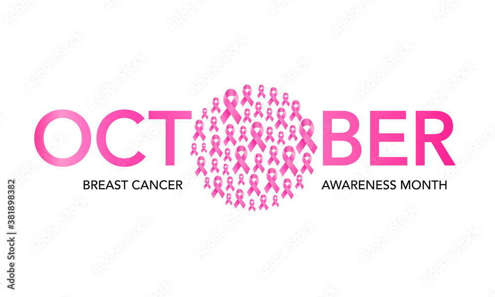 October breast cancer emblem sign for awareness month with pink ribbon symbol. Illustration.