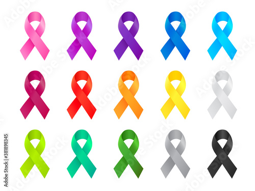 Cancer Ribbon. Awareness ribbon different color set. International Day of cancer, World Cancer Day. Vector illustration design.