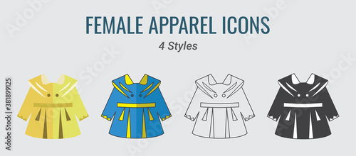 This is a set of outwear/apparel/cloth for a female child. It is in 4  forms: colored/ colored outline/ outline/ silhouette.