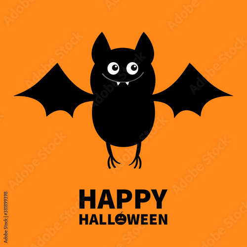 Happy Halloween. Cut bat. Flying animal. Cartoon kawaii funny baby charater. Greeting card. Flat design. Orange background. Isolated.