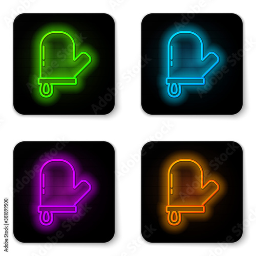 Glowing neon line Oven glove icon isolated on white background. Kitchen potholder sign. Cooking glove. Black square button. Vector.