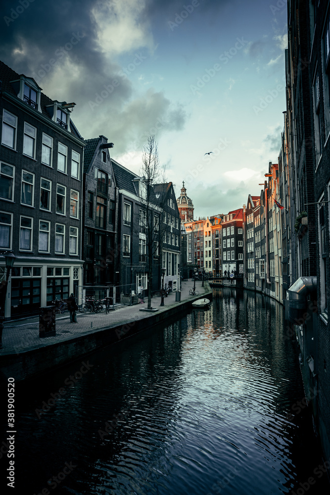 Fototapeta premium View on Amsterdam narrow street from the canal