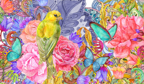 bizarre fashion texture with abstract fancy floral  bouquet of pink roses and yellow bird. watercolor painting