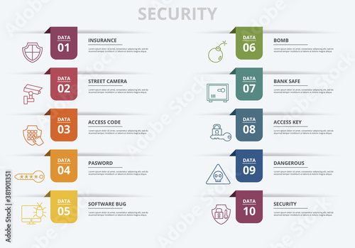 Infographic Security template. Icons in different colors. Include Security, Access Key, Bank Safe, Bomb and others.