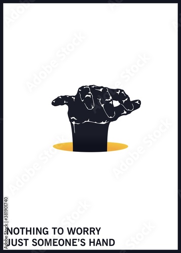 Frightening hand climbs out of the hole. Black and white minimal illustration. Vector template