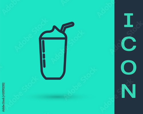 Black line Milkshake icon isolated on green background. Plastic cup with lid and straw. Vector.