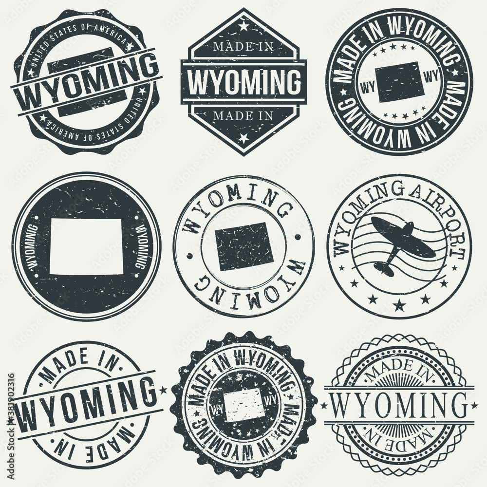 Wyoming Set of Stamps. Travel Stamp. Made In Product. Design Seals Old Style Insignia.