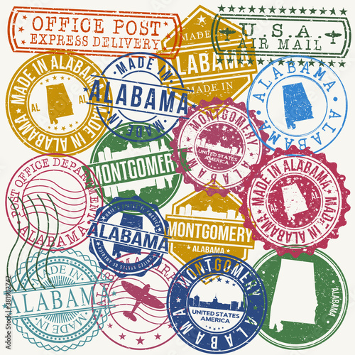Montgomery Alabama Set of Stamps. Travel Stamp. Made In Product. Design Seals Old Style Insignia.