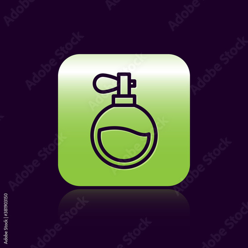 Black line Perfume icon isolated on black background. Green square button. Vector.