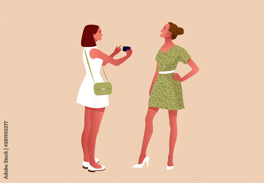 Group of beautiful stylish friends taking a photo with a smartphone. Friendship concept. Vector illustration. Happy sexy girls.