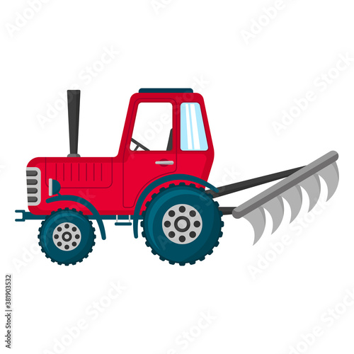 Red old tractor with a plow for arable fields. Side view. Vector flat graphic illustration. The isolated object on a white background. Isolate.