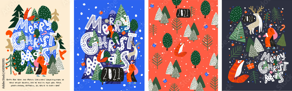Merry Christmas and Happy New Year! 2021! Vector trendy abstract illustrations of holiday card with forest, santa claus, fox, deer, lettering, christmas tree and pine. Drawing for poster or pattern. - obrazy, fototapety, plakaty 
