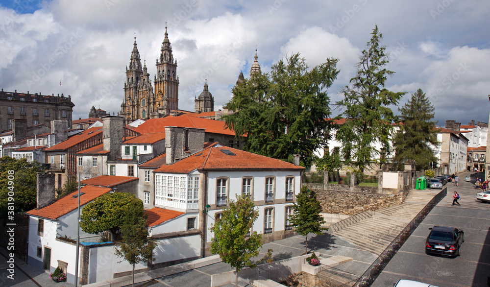 Santiago de Compostela, Galicia, Spain: St. James cathedral towering above houses.