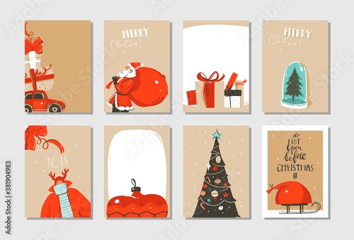 Hand drawn vector abstract fun Merry Christmas time cartoon cards collection set with cute illustrations,surprise gift boxes ,Christmas tree and modern calligraphy isolated on white background