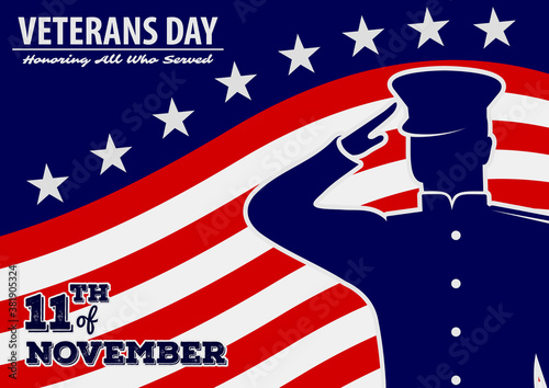 Veteran's day poster template. US Army soldier saluting against USA Flag. Vector illustration.