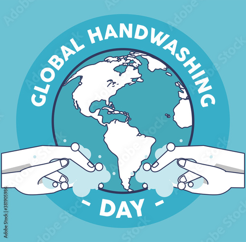 global handwashing day lettering with hands washing and earth planet