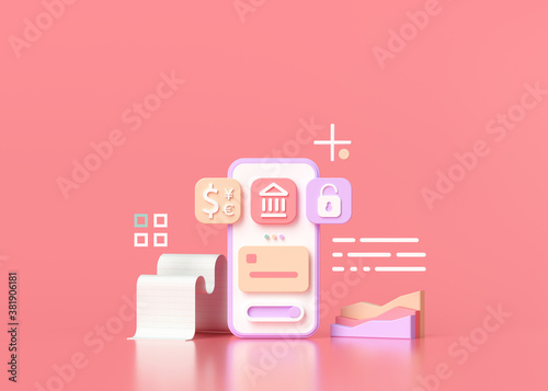 Cashless society, online mobile banking and secure payment concept 3D render illustration