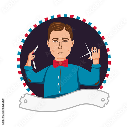 Cartoon barber witch scissors and razor emblem