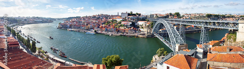 High view on the Dom Luis I bridge from Vila Nova da Gaia, looking at the old town of Porto and the Douro river.