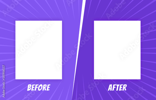 Before and after background template. Two color retro background with halftone corners and frames for comparison. Vector illustration