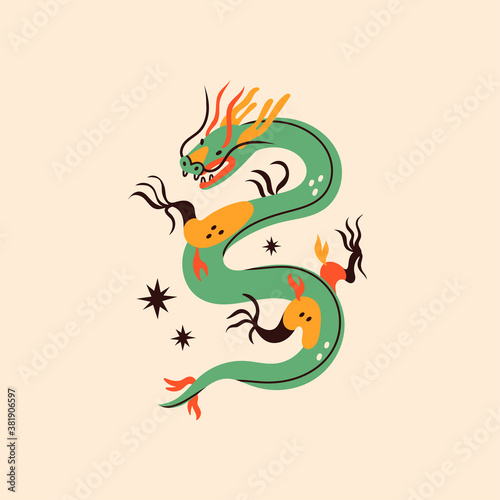Cute green Dragon. Mythological creature. Zodiac sign. Chinese asian cartoon style. Hand drawn colored Vector illustration. Tattoo idea. Print template. Dragon is isolated on beige background