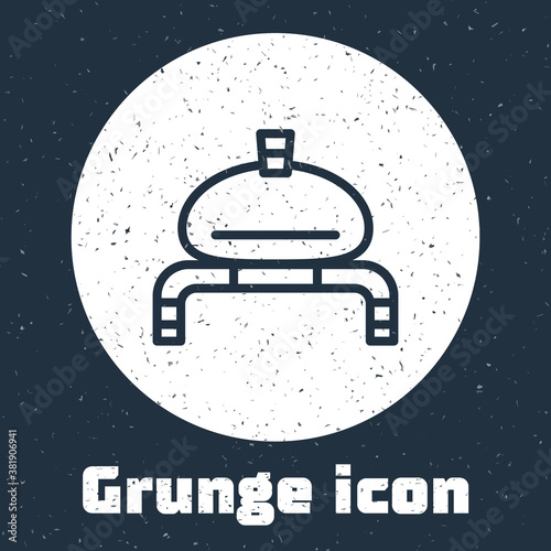 Grunge line Bread and salt on towel icon isolated on grey background. National food loaf. Traditional ukrainian wedding bread. Monochrome vintage drawing. Vector.